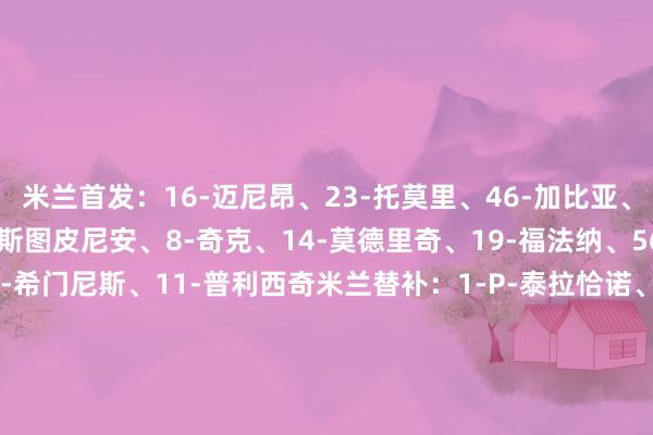 米兰首发：16-迈尼昂、23-托莫里、46-加比亚、31-帕夫洛维奇、2-埃斯图皮尼安、8-奇克、14-莫德里奇、19-福法纳、56-萨勒马科尔斯、7-S-希门尼斯、11-普利西奇米兰替补：1-P-泰